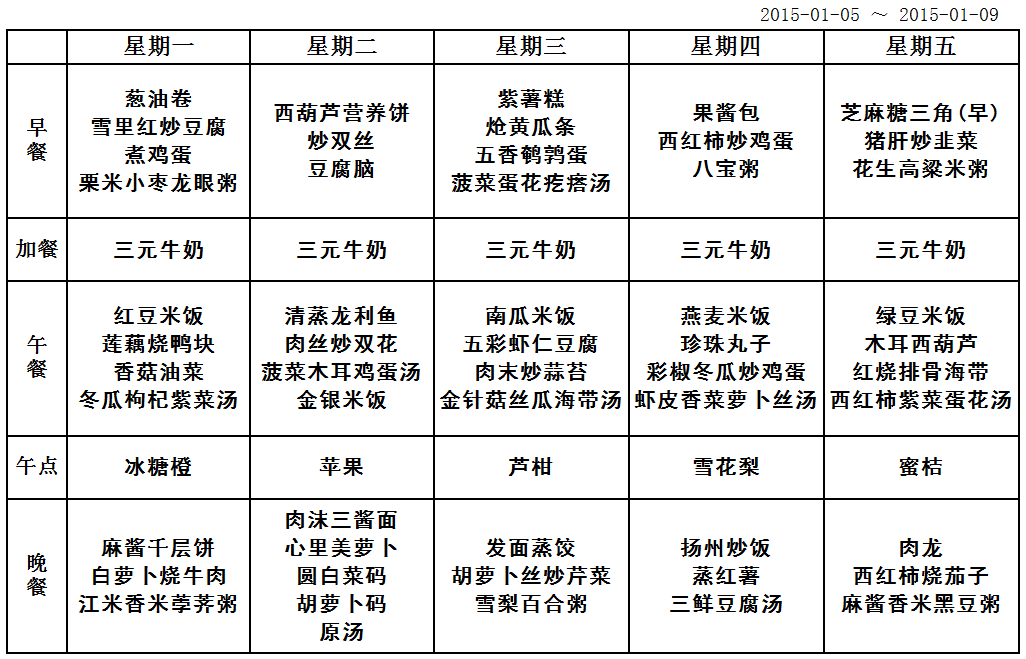 北京红缨幼儿园营养食谱