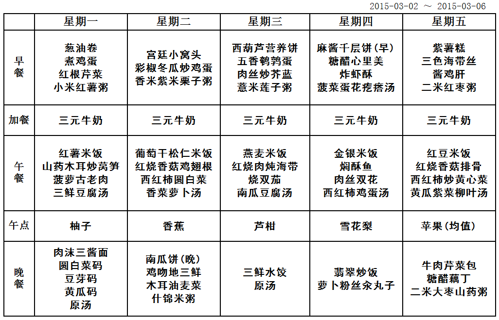 北京红缨幼儿园营养食谱